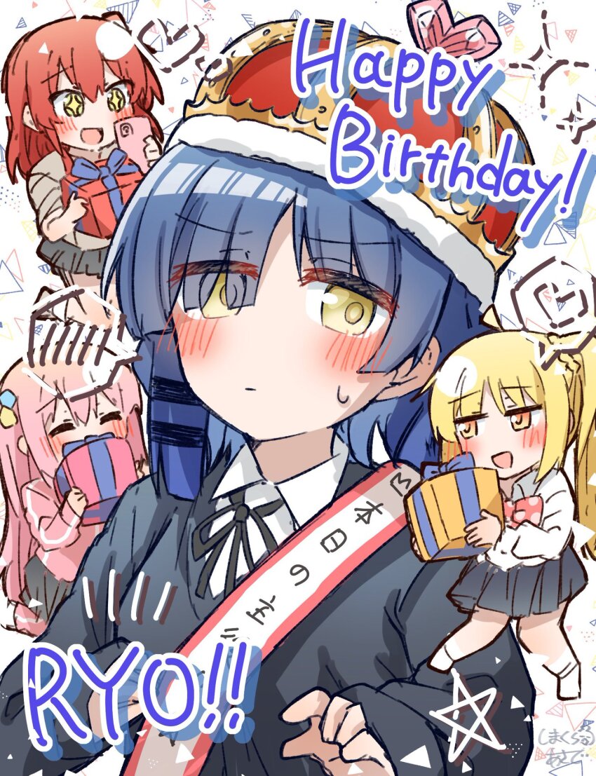 +_+ 4girls ahoge birthday black_ribbon black_shirt black_skirt blonde_hair blue_hair blush bocchi_the_rock! box brown_sweater closed_eyes crown cube_hair_ornament gift gift_box gotoh_hitori green_eyes hair_ornament hairclip happy_birthday highres holding holding_gift holding_phone ijichi_nijika kessoku_band kita_ikuyo kneeling long_sleeves medium_hair multiple_girls one_side_up phone pink_hair pink_track_suit pleated_skirt polka_dot_bowtie ponytail red_eyes red_hair ribbon sash shimakura_asado shirt shoulder_sash side_ponytail skirt sweatdrop sweater track_suit white_shirt yamada_ryo yellow_eyes