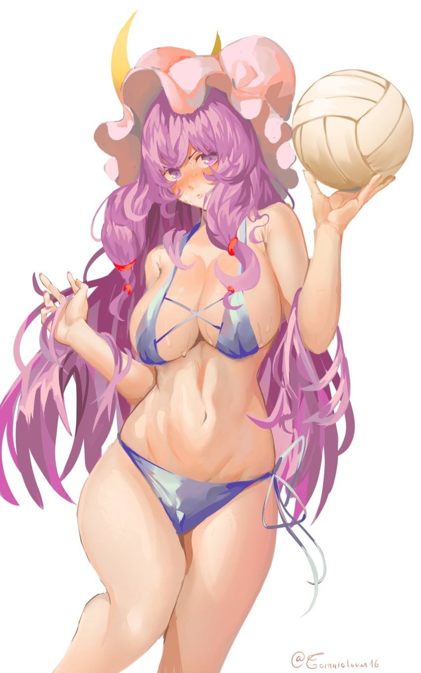 1girl alternate_costume bikini blush breasts cleavage crescent crescent_hat_ornament eyebrows_hidden_by_hair feet_out_of_frame hands_up hat hat_ornament highres knees_together_feet_apart large_breasts long_hair looking_at_viewer navel patchouli_knowledge purple_eyes purple_hair side-tie_bikini_bottom solo swimsuit tomatolover16 touhou very_long_hair