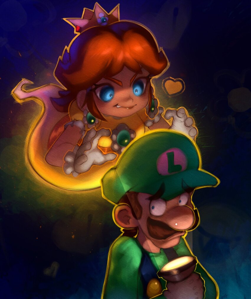 1boy 1girl blue_eyes brown_hair crown dress earrings facial_hair flashlight flotaing flower_earrings ghost gloves hat heart highres jewelry luigi luigi&#039;s_mansion mario_(series) mustache nintendo onimiere orange_dress overalls princess_daisy scared spoken_heart standing super_mario_bros._wonder