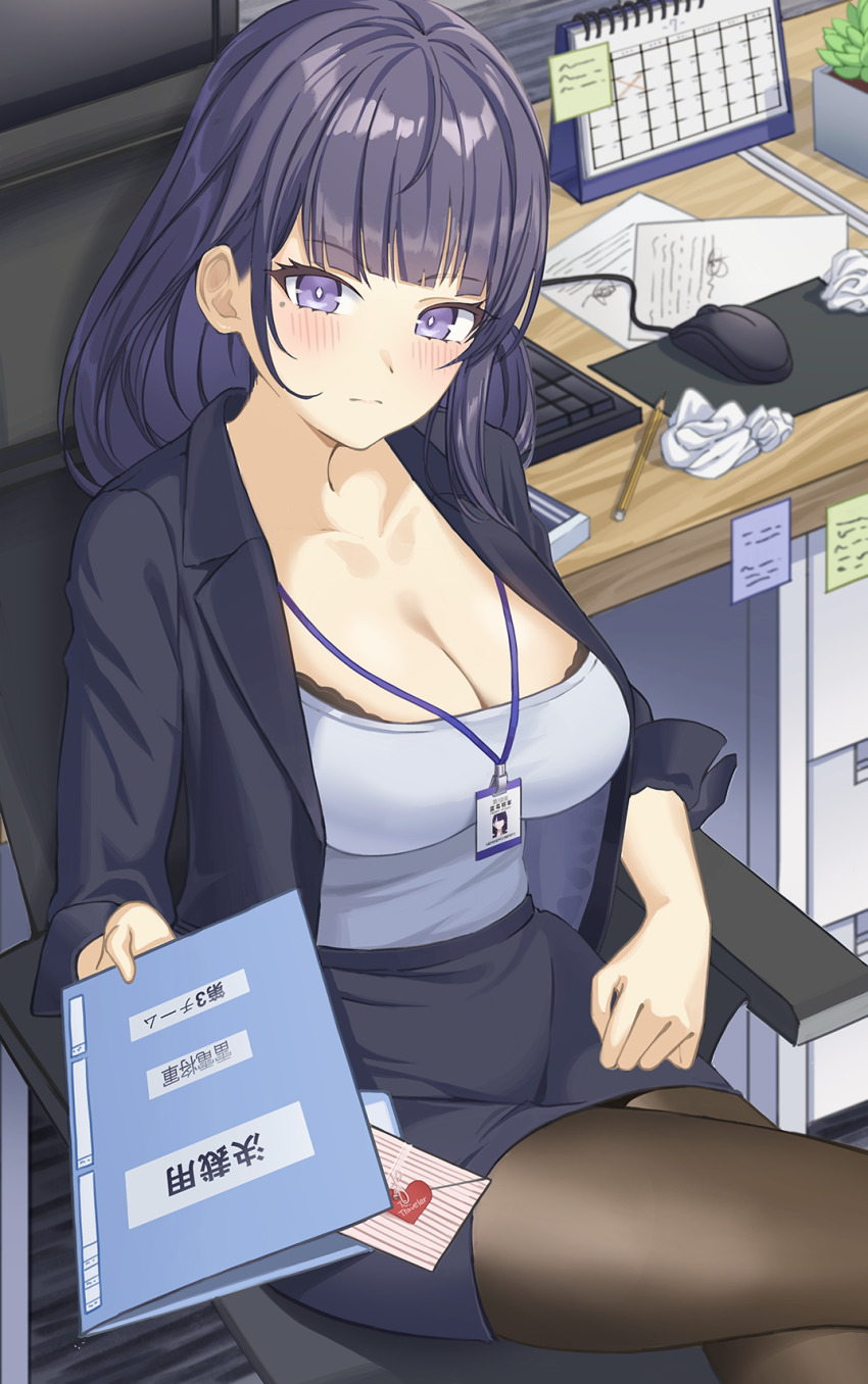 1girl :| alternate_costume black_bra blunt_bangs blush book bra bra_peek breasts bright_pupils brown_pantyhose calendar_(object) chair cleavage closed_mouth coat crossed_legs desk elbow_rest envelope expressionless genshin_impact heart highres holding holding_book id_card indoors computer_keyboard long_hair long_sleeves low_neckline mole mole_under_eye computer_mouse o-los office_chair office_lady on_chair outstretched_arm pantyhose paper pencil_skirt plant potted_plant purple_coat purple_eyes purple_hair purple_skirt raiden_shogun shirt shirt_tucked_in sidelocks sitting skirt sleeves_rolled_up solo sticky_note swivel_chair underwear used_tissue white_pupils white_shirt