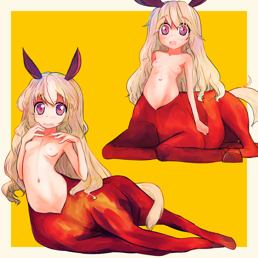 1girl animal_ears blonde_hair blush border breasts centaur female_focus freckles highres horse_ears long_hair monster_girl navel nipples open_mouth original purple_eyes sitting small_breasts solo taur tsukiyono_aroe white_border yellow_background