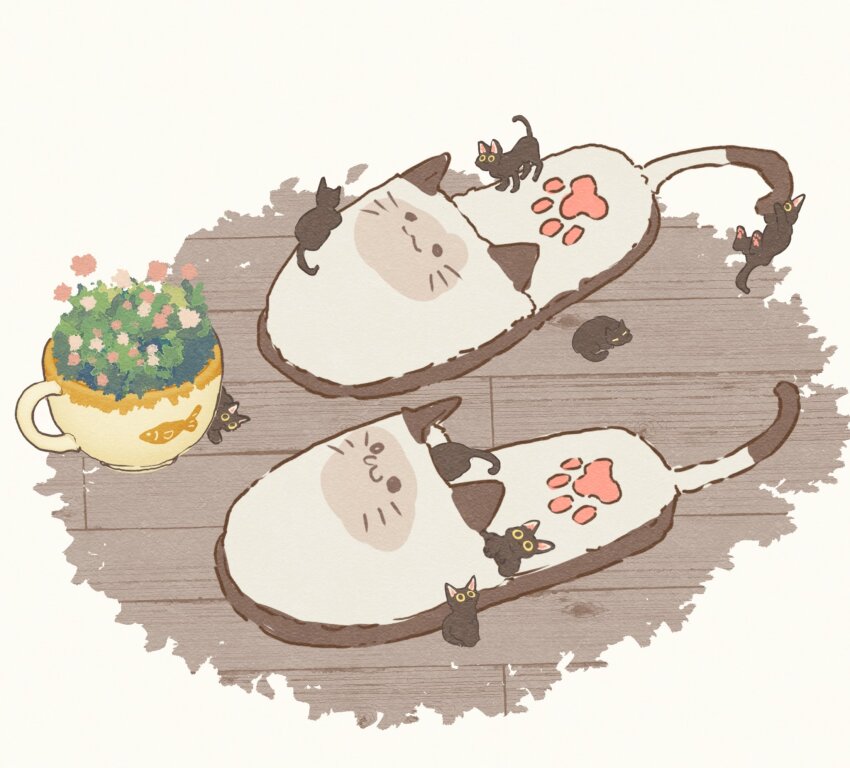 animal-themed_footwear animal_focus animal_slippers black_cat cat commentary flower highres multiple_cats no_humans oimo_imoo original slippers wooden_floor