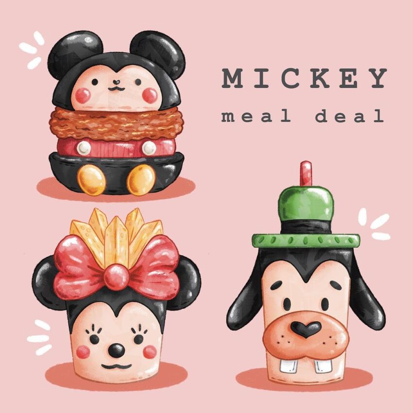 :3 abbey_and_bear black_eyes blush_stickers bow buck_teeth burger buttons closed_mouth commentary cup disney disposable_cup drink drinking_straw english_commentary english_text eyelashes food food_focus freckles french_fries goofy green_hat hat mickey_mouse minnie_mouse no_humans notice_lines pink_background red_bow shadow simple_background smile solid_circle_eyes solid_oval_eyes teeth