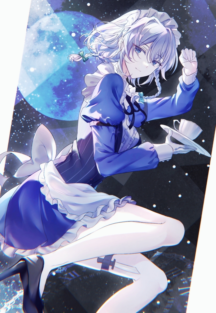 1girl apron aqua_bow arm_belt back_bow blue_dress blue_eyes bow braid breasts closed_mouth commentary_request cup dress full_moon gloves green_bow grey_hair hair_bow hakubo_(usgr_0) half_gloves high_heels highres holding holding_plate izayoi_sakuya juliet_sleeves knife long_hair long_sleeves looking_at_viewer maid maid_headdress moon plate puffy_sleeves roman_numeral smile solo teacup thigh_strap touhou twin_braids waist_apron white_bow white_gloves