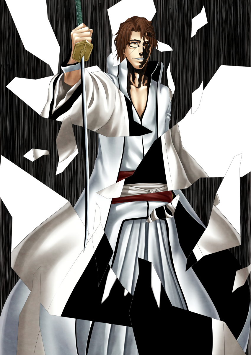 1boy absurdres aizen_sousuke black-framed_eyewear black_background bleach bleachist broken_glass brown_eyes brown_hair collarbone commentary evil_smile feet_out_of_frame glass glasses hair_between_eyes hakama hand_up haori highres holding holding_sword holding_weapon hypnosis japanese_clothes katana kimono kyouka_suigetsu_(shikai) long_sleeves looking_at_viewer male_focus mind_control nose parted_lips red_sash sash shaded_face short_hair simple_background smile solo spoilers standing sword taichou_haori v-shaped_eyebrows weapon white_hakama white_kimono wide_sleeves