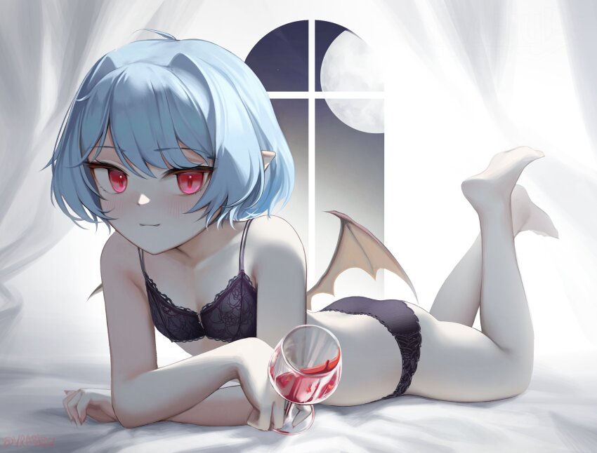 1girl alcohol barefoot bat_wings black_bra black_panties blue_hair bra commentary cup drinking_glass english_commentary feet_up flat_chest full_body full_moon highres holding holding_cup looking_at_viewer lying moon on_stomach pale_skin panties pointy_ears red_eyes red_hair remilia_scarlet short_hair solo the_pose touhou twitter_username underwear underwear_only vrabius white_background window wine wine_glass wings