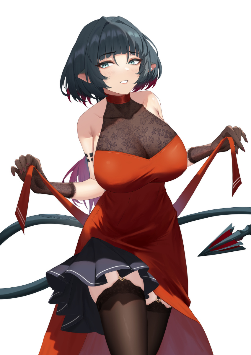 1girl absurdres animal_ears bare_shoulders black_hair black_skirt breasts brown_gloves brown_thighhighs dress elbow_gloves gloves grey_eyes grin highres jane_doe_(zenless_zone_zero) large_breasts long_hair looking_at_viewer mouse_ears mouse_girl mouse_tail red_dress skirt smile solo tail thighhighs thighs xiiinaam_98 zenless_zone_zero