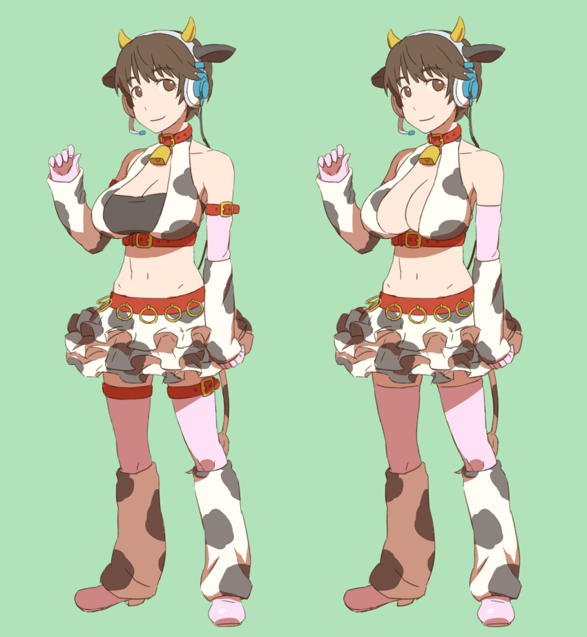 10s 1girl animal_ears animal_print bare_shoulders bell belt blush boots breasts brown_eyes brown_hair cleavage collar comparison cow_ears cow_horns cow_print cowbell detached_sleeves ebinera female_focus full_body headset highres horns idolmaster idolmaster_cinderella_girls large_breasts looking_at_viewer midriff multiple_views navel neck_bell oikawa_shizuku short_hair shorts sketch smile standing