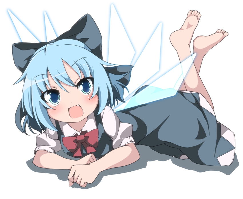 1girl barefoot blue_dress blue_eyes blue_hair blush bow cirno do_(4-rt) dress fang female_focus hair_bow highres ice ice_wings legs_up lying matching_hair/eyes on_stomach open_mouth puffy_cheeks puffy_short_sleeves puffy_sleeves shirt short_sleeves smile solo the_pose touhou wings