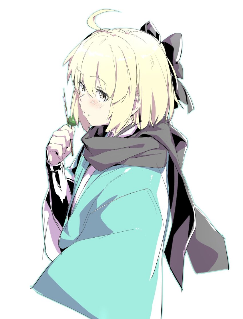 1girl ahoge blonde_hair blue_kimono blush bow commentary_request dango fate/grand_order fate_(series) food hair_bow highres japanese_clothes kimono koha-ace okita_souji_(fate) okita_souji_(koha-ace) oyadi scarf short_hair sketch solo upper_body wagashi