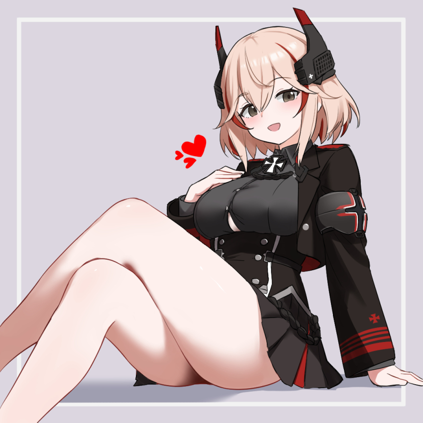 1girl arm_support armband azur_lane black_jacket black_skirt blonde_hair boots breasts brown_eyes buttons collared_shirt commentary cropped_jacket cross crossed_legs dress_shirt english_commentary feet_out_of_frame grey_shirt hair_between_eyes hand_on_own_chest headgear heart horns iron_cross jacket large_breasts long_sleeves looking_at_viewer mechanical_horns miniskirt multicolored_hair no_shoes open_clothes open_jacket parallelrey pleated_skirt red_hair roon_(azur_lane) shadow shirt short_hair simple_background sitting skirt smile solo streaked_hair two-tone_hair underbust white_background