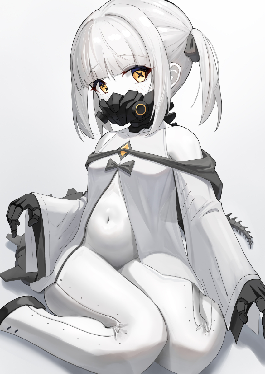 1girl absurdres black_mask black_tail blue_archive coat colored_skin ein_(blue_archive) extra_pupils highres looking_at_viewer mask mechanical_hands mechanical_tail medium_hair navel respirator sitting solo styx symbol-shaped_pupils tail twintails wariza white_background white_coat white_hair white_skin x-shaped_pupils yellow_eyes