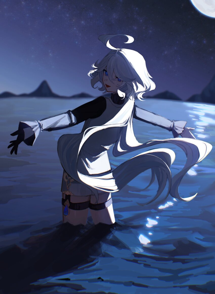 1girl ahoge blue_eyes blue_hair from_behind furina_(genshin_impact) genshin_impact hair_between_eyes heterochromia highres light_blue_hair looking_at_viewer looking_back moon moonlight mumu_003 night night_sky open_mouth outdoors sidelocks sky smile solo standing water