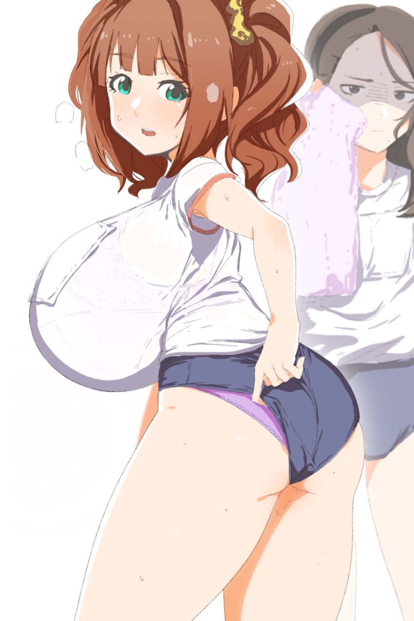 2girls absurdres annoyed ass breasts brown_eyes green_eyes gym_uniform highres huge_breasts idolmaster kumadaibako minase_iori multiple_girls panties pulling_own_clothes shirt sweat takatsuki_yayoi underwear