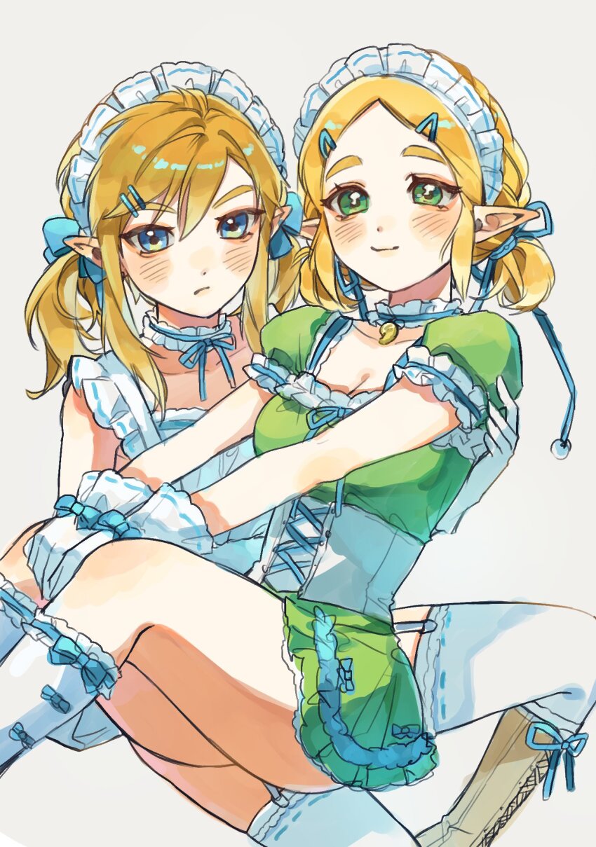 1boy 1girl apron blonde_hair blue_eyes boots breasts carrying carrying_person cleavage corset crossdressing didi_en_ilu garter_straps gloves green_eyes hair_ornament hairclip link maid maid_apron maid_headdress nintendo pointy_ears princess_zelda smile the_legend_of_zelda the_legend_of_zelda:_breath_of_the_wild the_legend_of_zelda:_tears_of_the_kingdom thighhighs twintails