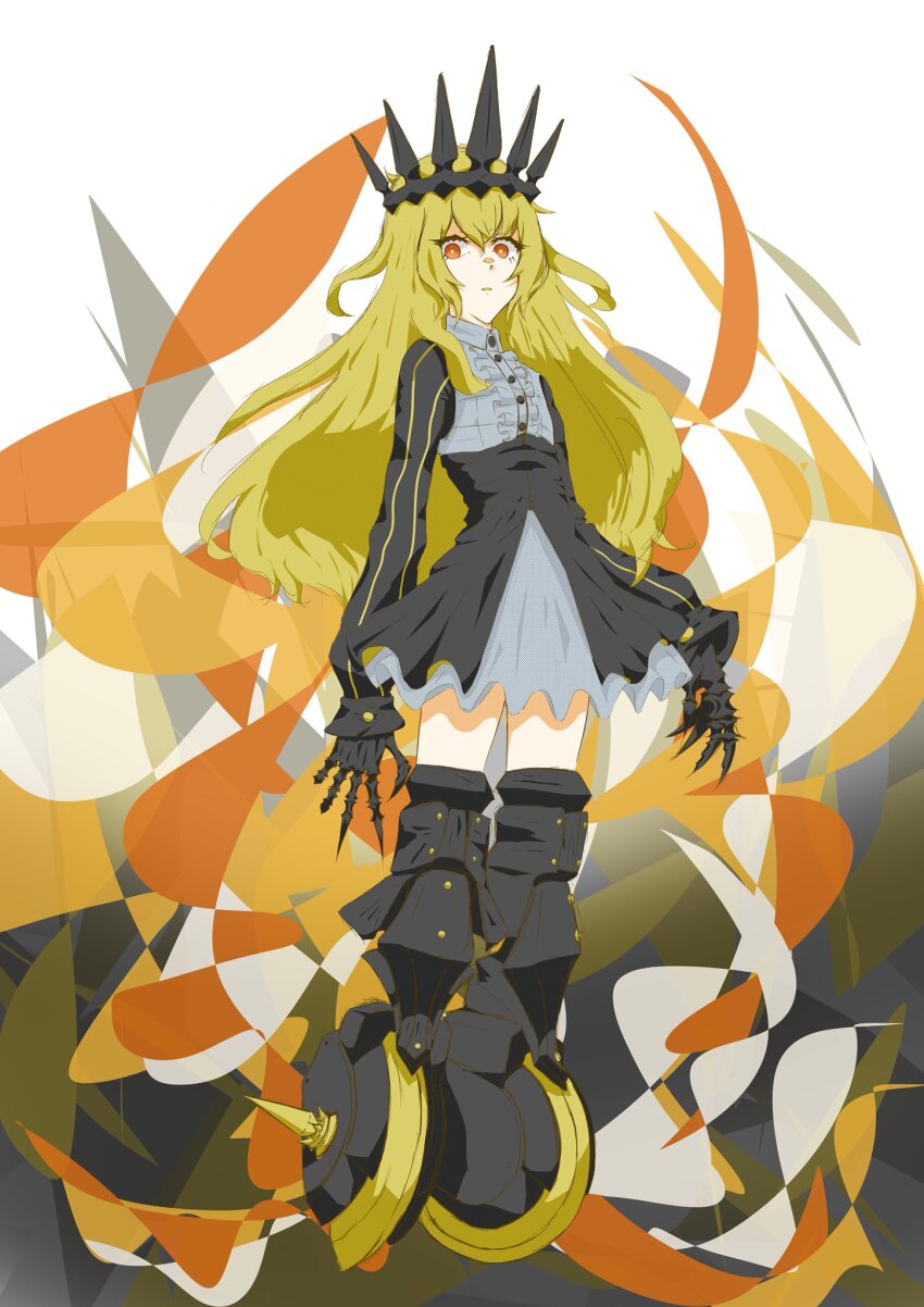 1girl black_crown black_dress black_rock_shooter blonde_hair chariot_(black_rock_shooter) claws crown dress highres long_hair mechanical_legs mosagon0515 orange_eyes roller_skates skates skeletal_hand solo wheel