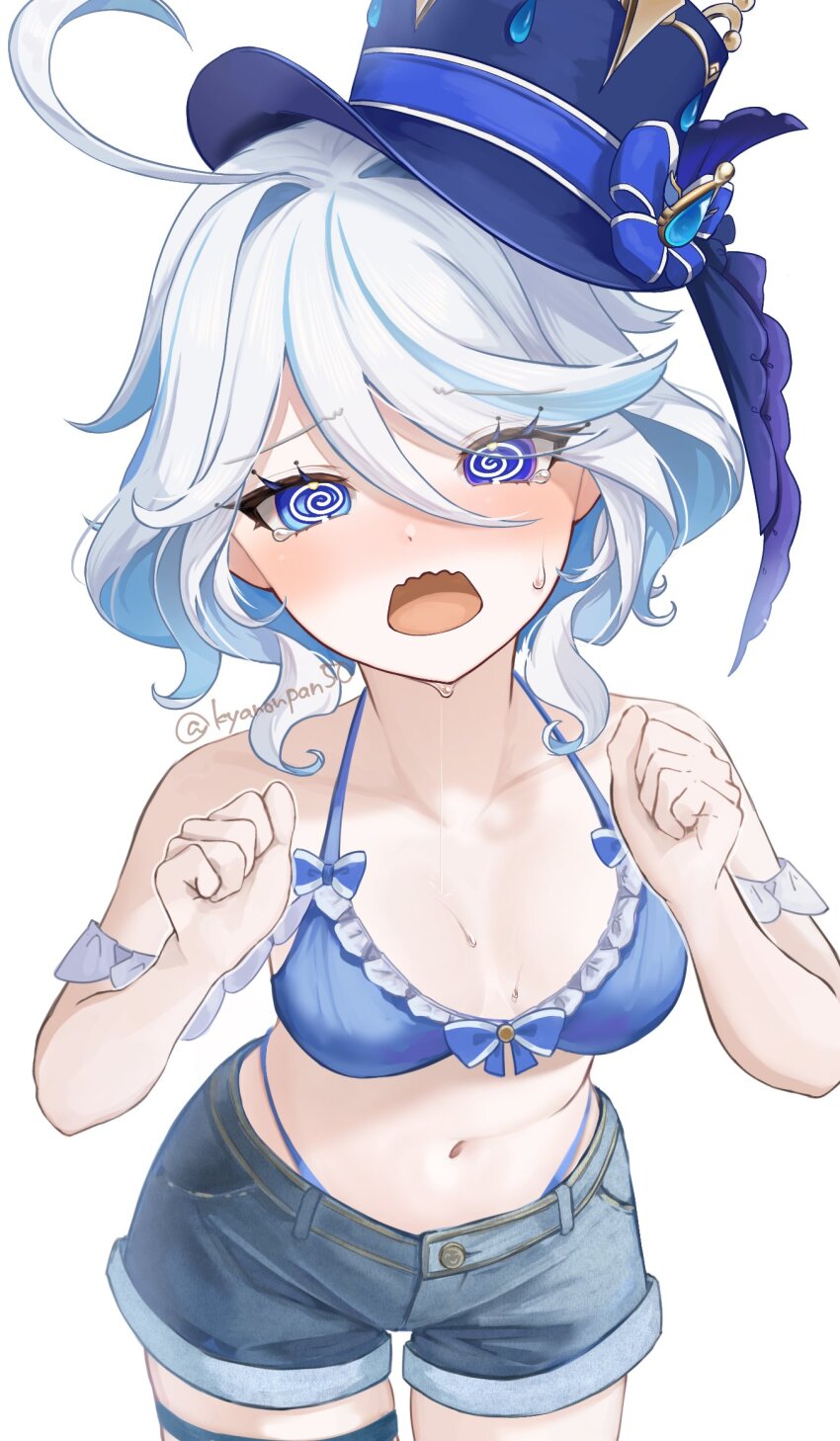 1girl @_@ ahoge alternate_costume arms_behind_back bikini bikini_under_shorts blue_bikini blue_eyes blue_hair blue_hat breasts clenched_teeth collarbone colored_inner_hair cowboy_shot cowlick denim denim_shorts drop-shaped_pupils frilled_bikini_top furina_(genshin_impact) genshin_impact hair_between_eyes halterneck hat heterochromia highres kyanonpan50 leaning_forward light_blue_hair long_hair_between_eyes looking_at_viewer medium_breasts multicolored_hair no_shirt open_mouth short_hair shorts simple_background solo sweatdrop swimsuit symbol-shaped_pupils tearing_up tears teeth thigh_strap top_hat twitter_username wavy_hair wavy_mouth white_background white_hair