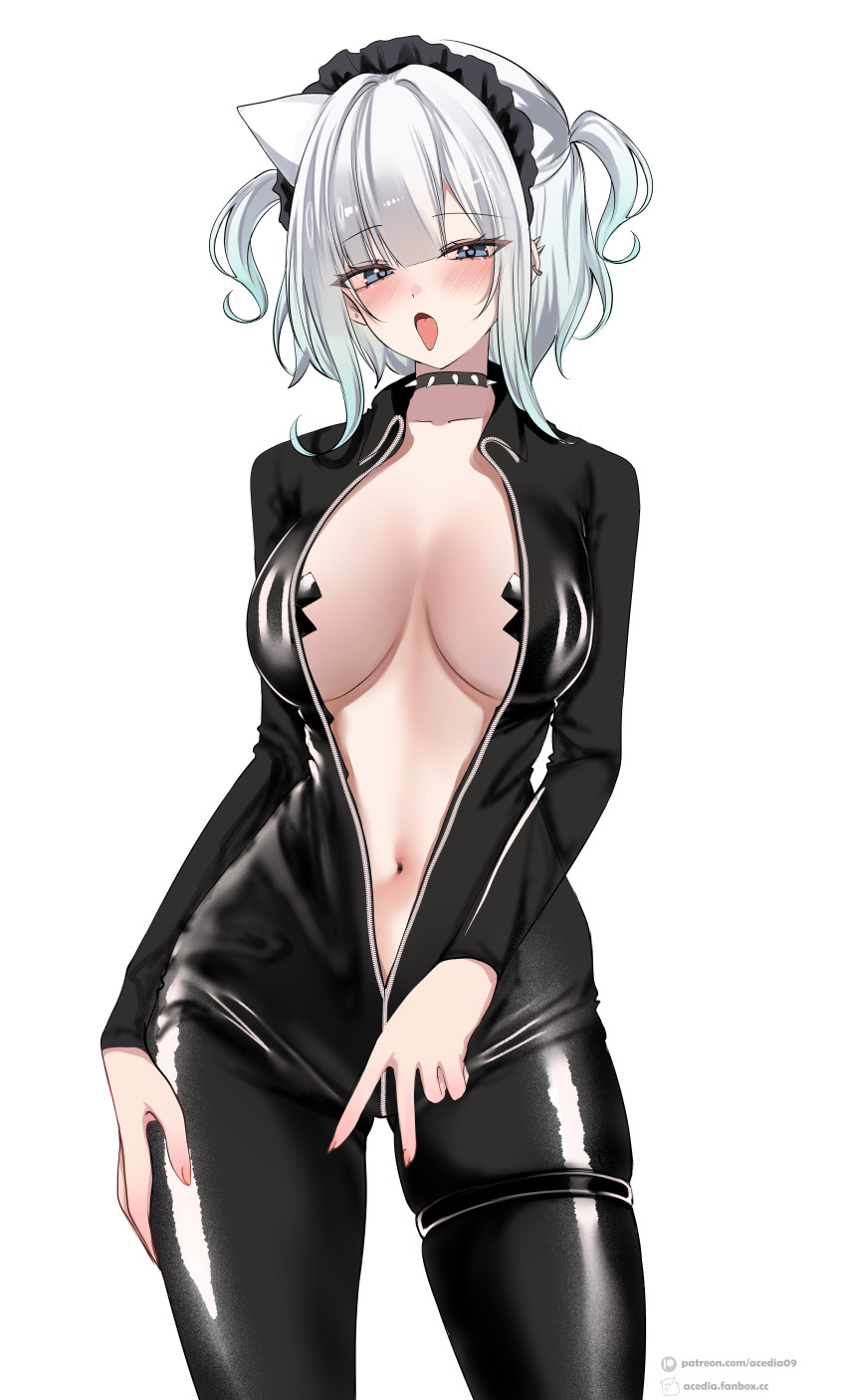 1girl absurdres acedia aqua_hair black_bodysuit blue_eyes blush bodysuit breasts choker cross_pasties ear_piercing earrings gradient_hair grey_hair hand_on_own_thigh highres indie_virtual_youtuber jewelry mint_fantome multicolored_hair navel open_mouth pasties patreon_username piercing solo spiked_choker spikes thigh_strap tongue tongue_out two_side_up unzipped virtual_youtuber