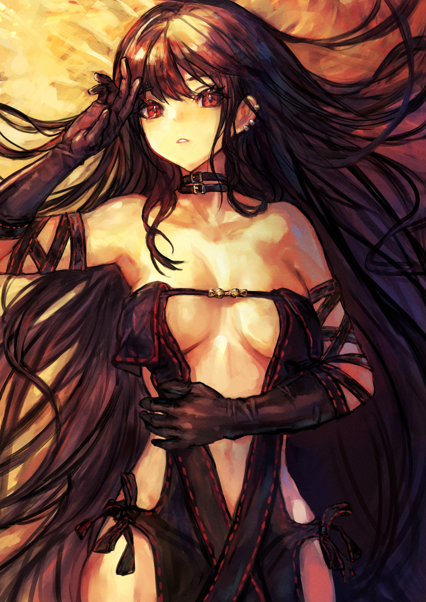 1girl absurdres arm_strap bare_shoulders black_dress black_gloves breasts brown_hair center_opening choker cleavage collarbone dress earrings elbow_gloves fate/grand_order fate_(series) gloves highres jewelry long_hair looking_at_viewer lying medium_breasts navel on_back parted_lips red_eyes ribbon-trimmed_dress ribbon_trim sabamiso_taro solo very_long_hair yu_mei-ren_(fate) yu_mei-ren_(second_ascension)_(fate)