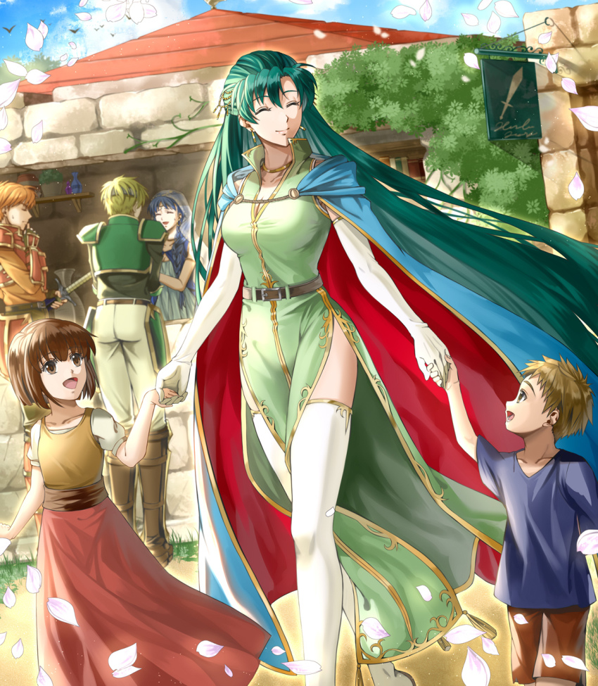 3boys 3girls alternate_costume armor blue_hair boots braid breasts brown_hair cape cleavage closed_eyes delsaber dress earrings falling_petals fantasy fire_emblem fire_emblem:_the_blazing_blade green_dress green_hair highres holding_hands jewelry kent_(fire_emblem) long_hair looking_up lyn_(fire_emblem) medium_breasts multiple_boys multiple_girls nintendo open_mouth petals red_hair sain_(fire_emblem) thigh_boots thighhighs very_long_hair