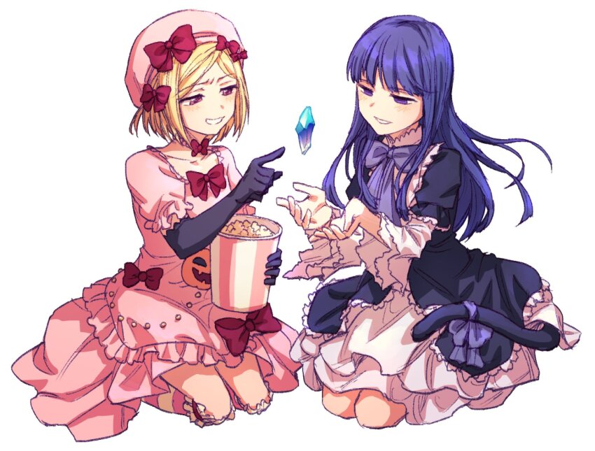 2girls black_dress black_gloves blonde_hair blue_bow blue_hair blunt_bangs bow bowtie bucket cat_tail dress elbow_gloves food frederica_bernkastel frilled_dress frills full_body gloves hair_bow hat highres holding holding_bucket hswoimuxk0pwr0h_(bbdan) kakera kneehighs lambdadelta multiple_girls pink_dress pink_eyes pink_hat popcorn purple_eyes red_bow simple_background smile socks striped_clothes striped_socks tail tail_bow tail_ornament teeth umineko_no_naku_koro_ni white_background