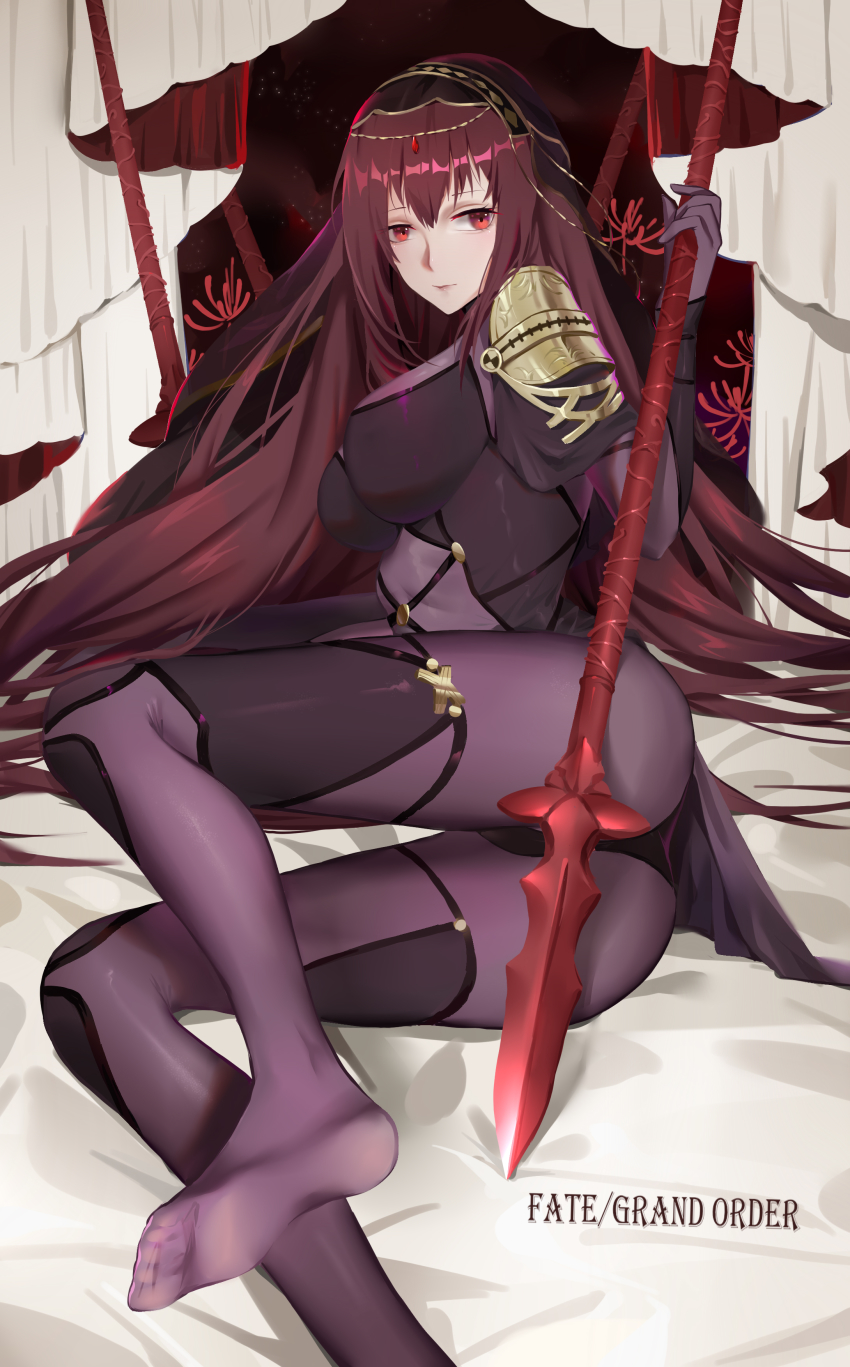 1girl absurdres bodysuit breasts copyright_name fate/grand_order fate_(series) female_focus gae_bolg_(fate) highres holding holding_weapon large_breasts long_hair lying no_shoes on_side polearm purple_bodysuit purple_hair red_eyes scathach_(fate) solo spear very_long_hair weapon xtears_kitsune