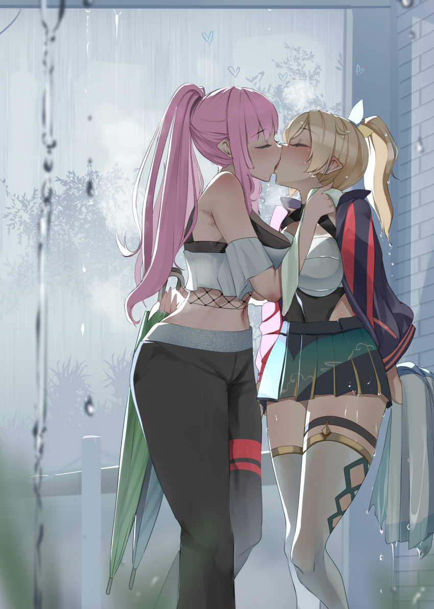 2girls black_jacket black_pants blonde_hair breasts french_kiss hair_ribbon heart highres holding holding_umbrella hololive hololive_english jacket kazama_iroha kiss large_breasts long_hair midriff monobe_yuri mori_calliope multiple_girls navel pants pink_hair pleated_skirt ponytail rain ribbon short_hair skirt standing thick_thighs thigh_strap thighhighs thighs umbrella virtual_youtuber wet wet_clothes white_legwear yuri