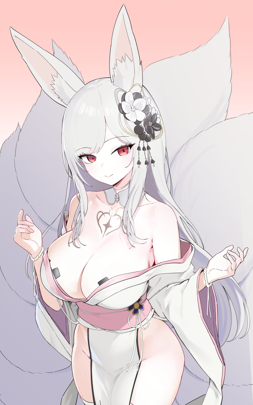 1girl absurdres animal_ears bandaid bandaids_on_nipples bare_shoulders breasts chest_tattoo cleavage closed_mouth collarbone commission cowboy_shot curvy detached_collar dress flower fox_ears fox_tail hair_flower hair_ornament hand_up highres japanese_clothes kanzashi kitsune korean_commentary kyuubi large_breasts large_tail long_hair long_sleeves looking_at_viewer mr_tangsuyuk multiple_tails no_panties obi off_shoulder original pasties pelvic_curtain pink_background red_eyes sash simple_background smile solo standing tail tattoo thighhighs thighs very_long_hair white_dress white_hair white_thighhighs wide_sleeves