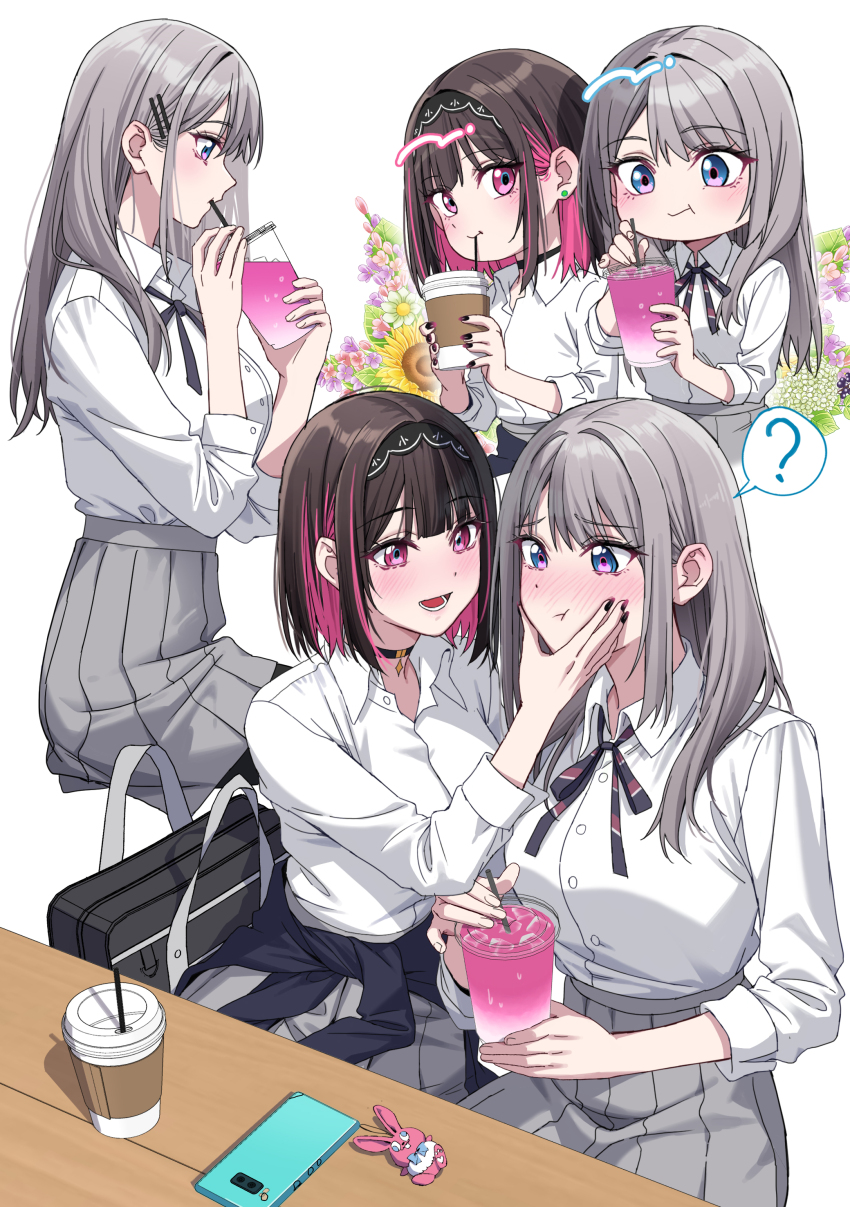 2girls ? absurdres bag black_bag black_choker black_hairband black_nails black_pantyhose blue_eyes blue_jacket blue_ribbon blush breasts brown_hair cellphone cheek_squash chibi chinese_commentary choker closed_mouth clothes_around_waist collared_shirt colored_inner_hair commentary_request cup disposable_cup dress_shirt drinking_straw drinking_straw_in_mouth earrings gradient_nails grey_hair grey_skirt hair_ornament hairband hairclip highres jacket jacket_around_waist jewelry jovei large_breasts long_hair lower_teeth_only medium_breasts multicolored_hair multiple_girls nail_polish neck_ribbon open_mouth pantyhose phone photo-referenced pink_eyes pink_hair pink_nails pleated_skirt ribbon saotome_shino_(shino_to_ren) school_bag school_uniform shino_to_ren shirayuki_ren shirt shirt_tucked_in short_hair side_ponytail sidelocks sitting skirt smartphone spoken_question_mark stud_earrings teeth white_shirt yuri