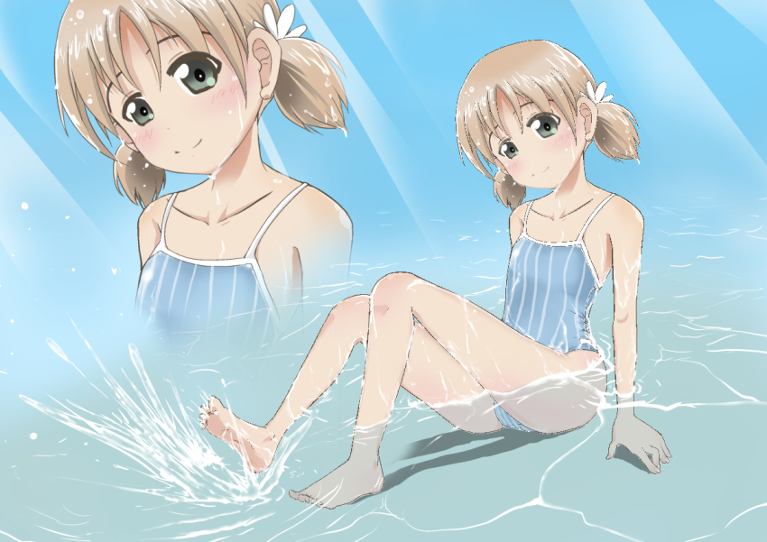 1girl aki_(girls_und_panzer) bare_shoulders blue_one-piece_swimsuit breasts collarbone girls_und_panzer grey_hair hair_tie hand_on_ground one-piece_swimsuit partially_submerged ryuu_tou short_hair short_twintails sitting small_breasts spaghetti_strap splashing striped_clothes striped_one-piece_swimsuit swimsuit twintails vertical-striped_clothes vertical-striped_one-piece_swimsuit water wet wet_clothes wet_hair wet_swimsuit