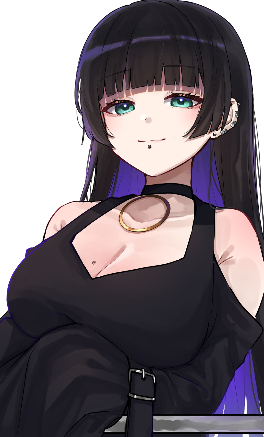 1girl absurdres black_choker black_dress black_hair bocchi_the_rock! breasts choker cleavage closed_mouth clothing_cutout collarbone colored_inner_hair commentary dress ear_piercing earclip earrings green_eyes highres jewelry labret_piercing large_breasts long_hair looking_at_viewer mole mole_on_breast multicolored_hair pa-san piercing purple_hair shoulder_cutout simple_background sleeves_past_fingers sleeves_past_wrists solo upper_body white_background yozakurayuyu