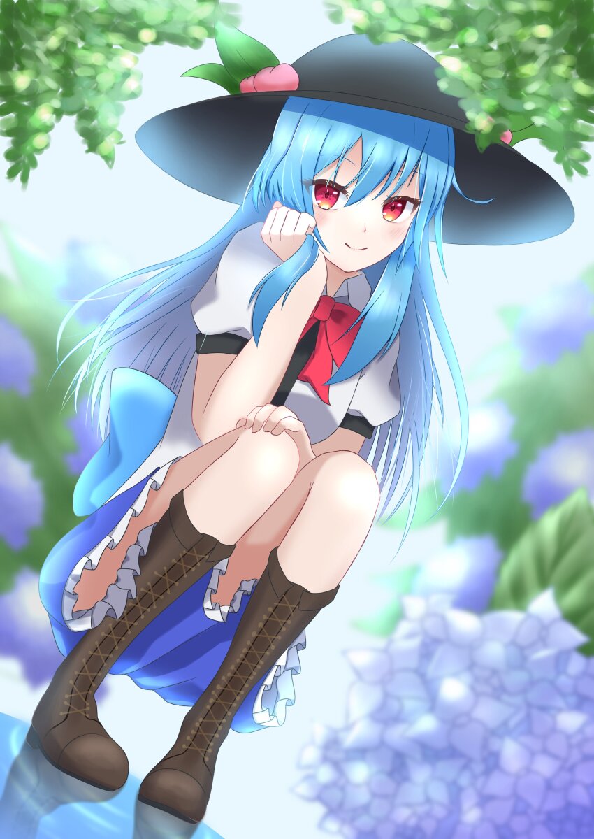 1girl absurdres amanozyaku8901 black_hat blue_hair blush boots bow brown_footwear cross-laced_footwear food frills fruit fruit_hat_ornament hat hat_ornament highres hinanawi_tenshi knee_boots lace-up_boots leaf leaf_hat_ornament long_hair looking_at_viewer peach peach_hat_ornament puffy_sleeves red_eyes shirt short_sleeves skirt smile solo touhou