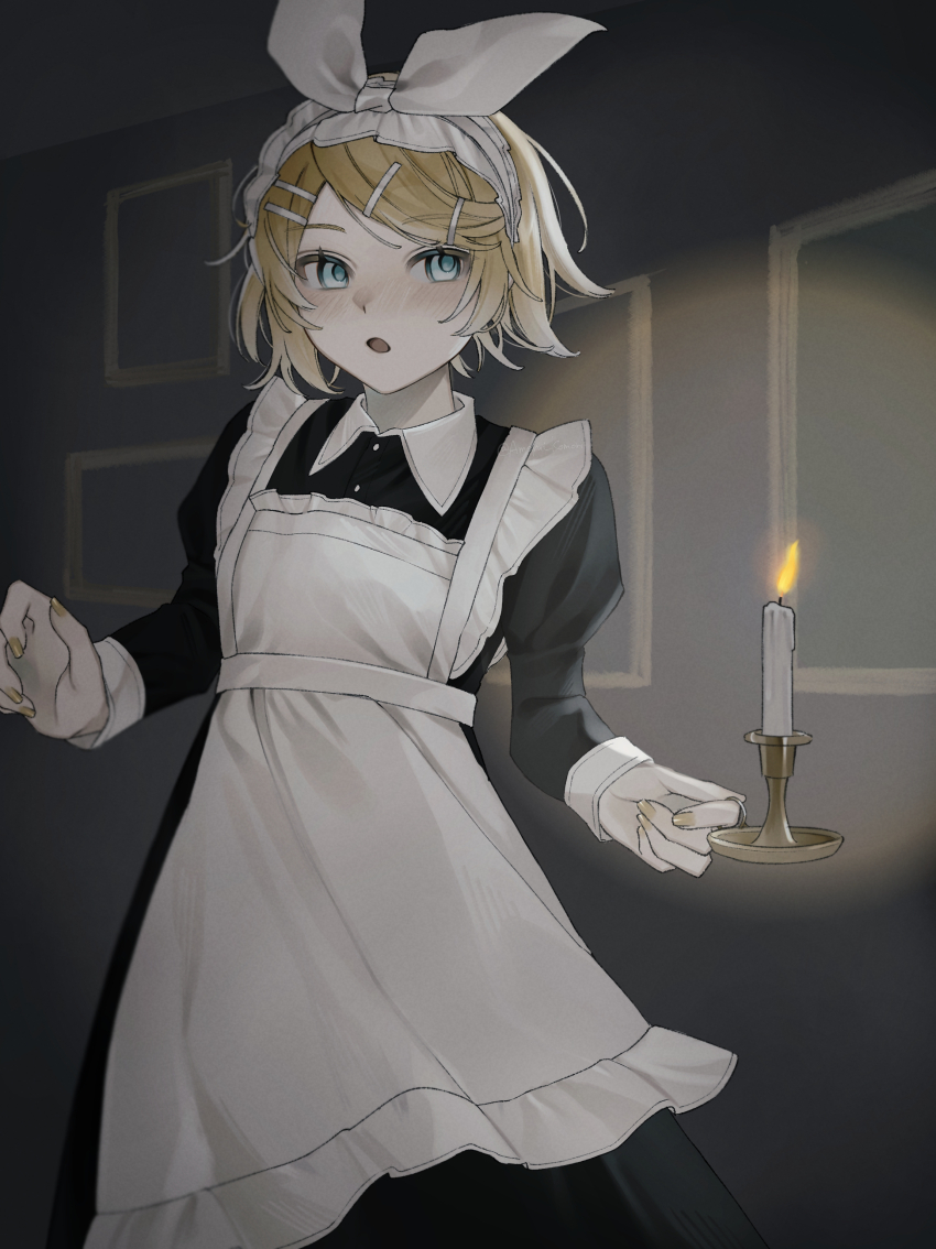 1girl :o absurdres ameyui_komori apron black_dress blonde_hair blue_eyes blush bow_hairband candle candlelight collared_dress cowboy_shot dress frilled_apron frilled_hairband frills hair_ornament hairband highres holding holding_candle juliet_sleeves kagamine_rin long_sleeves looking_to_the_side maid nail_polish open_mouth puffy_sleeves short_hair simple_background solo tongue vignetting vocaloid white_apron white_hairband yellow_nails