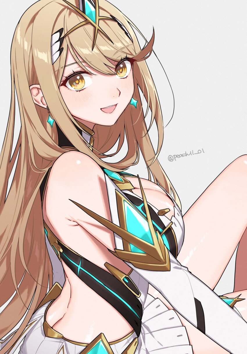 1girl :d bare_shoulders blonde_hair blush breasts butt_crack cleavage commentary earrings grey_background highres jewelry knee_up large_breasts long_hair looking_at_viewer mythra_(xenoblade) open_mouth shamu_(peach11_01) simple_background sitting smile solo thighs very_long_hair xenoblade_chronicles_(series) xenoblade_chronicles_2 yellow_eyes