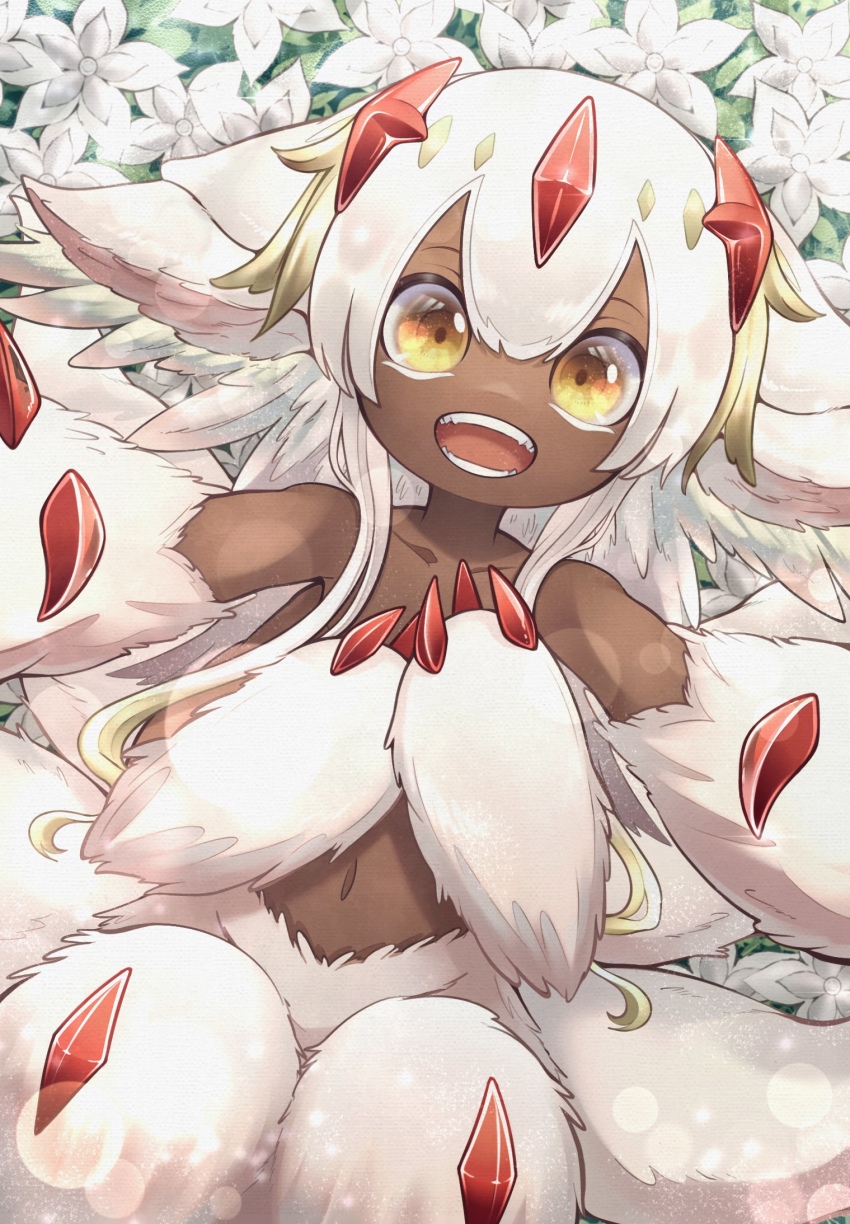 1girl dark-skinned_female dark_skin extra_arms faputa fewer_digits flower highres looking_at_viewer made_in_abyss navel open_mouth ru-san_0617 solo teeth white_flower white_fur white_hair yellow_eyes