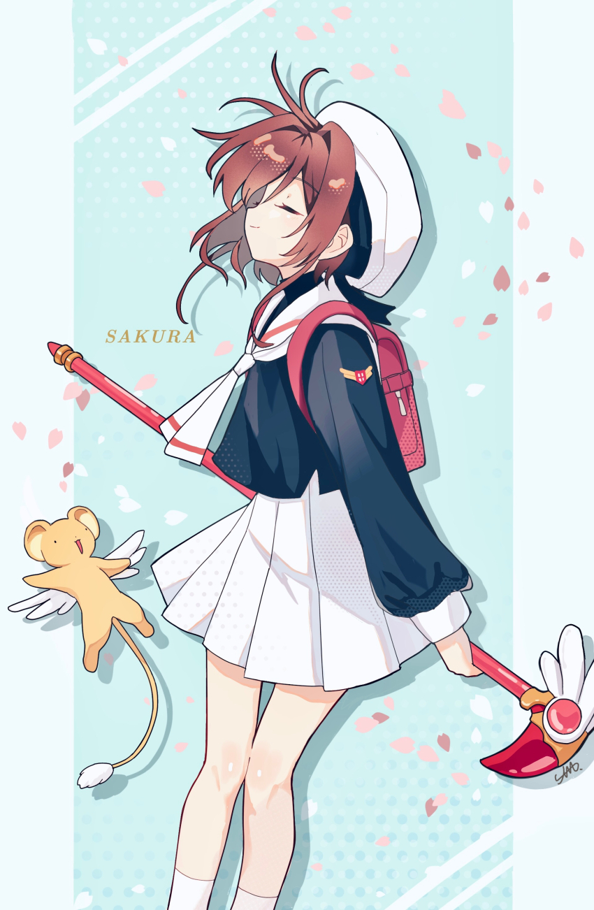 1girl absurdres ahoge backpack badge bag beret black_serafuku border brown_hair cardcaptor_sakura character_name closed_eyes closed_mouth falling_petals halftone hat highres holding holding_staff kero_(cardcaptor_sakura) kinomoto_sakura long_sleeves nyanaya petals pleated_skirt profile randoseru sailor_collar school_uniform serafuku skirt socks staff standing white_headwear white_skirt white_socks