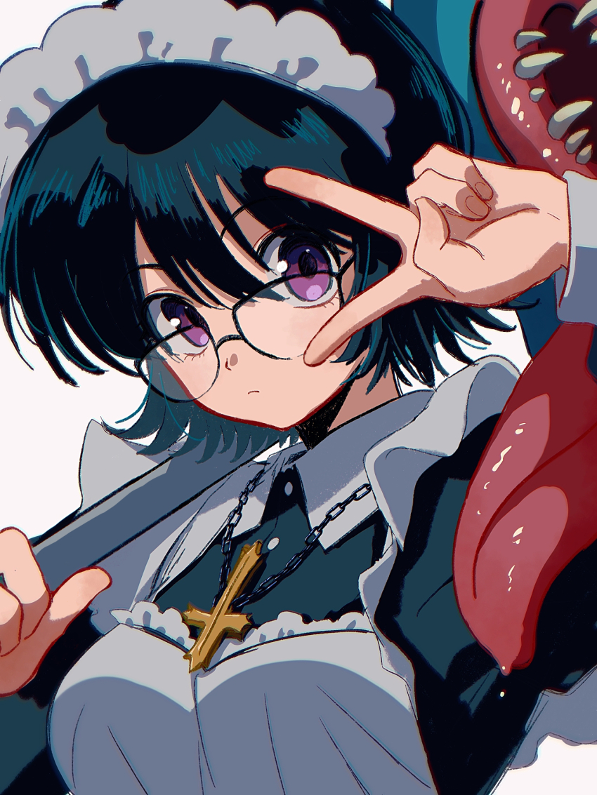 1girl alternate_costume arm_up black_hair blinky_(hunter_x_hunter) breasts close-up closed_mouth enmaided hand_up highres holding holding_weapon hunter_x_hunter maid medium_breasts portrait purple_eyes shizuku_murasaki simple_background solo thicopoyo v v_over_eye weapon white_background