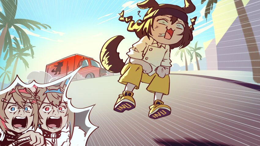 :3 ? absurdres accident ambulance animal_ears blue_sky braid brown_hair bruise bruise_on_face close-up dog_ears dog_girl dog_tail driving flying fuwawa_abyssgard grand_theft_auto grand_theft_auto_v headband highres hole hololive hololive_english hyde_(tabakko) injury inugami_korone mococo_abyssgard open_mouth palm_tree pants person-shaped_hole road saliva scared screaming shirt siblings sisters sitting sky smoke steering_wheel tail tree twin_braids twins umezu_kazuo_(style) virtual_youtuber white_shirt yellow_footwear yellow_pants