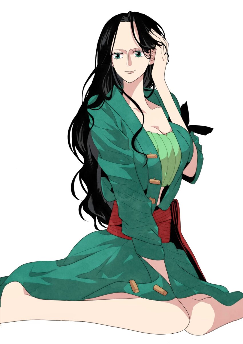 1girl bandana_around_arm black_hair closed_mouth commentary_request cosplay eyelashes green_kimono hand_in_own_hair haramaki highres japanese_clothes kimono long_hair looking_to_the_side may_snmk nico_robin one_piece red_sash roronoa_zoro roronoa_zoro_(cosplay) sash simple_background sitting smile white_background