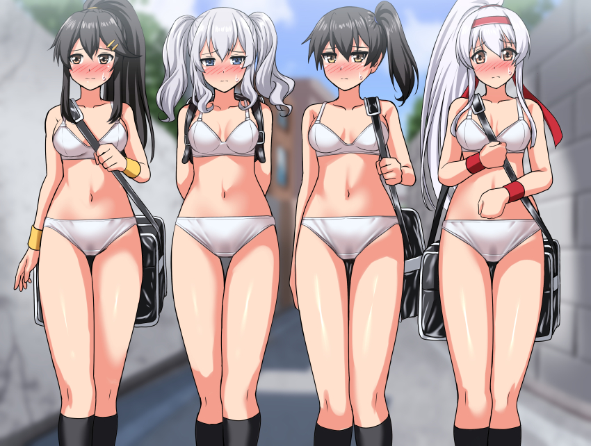 4girls absurdres alternate_hairstyle bag black_socks blue_eyes blue_sky blurry blush bra breasts cleavage cloud commentary_request commission day depth_of_field feet_out_of_frame grey_hair hairband haruna_(kancolle) highres kaga_(kancolle) kantai_collection kashima_(kancolle) looking_at_viewer medium_breasts multiple_girls nose_blush outdoors panties pixiv_commission ponytail red_hairband road shoukaku_(kancolle) side_ponytail sky socks thigh_gap twintails underwear underwear_only variant_set white_bra white_hair white_panties zanntetu