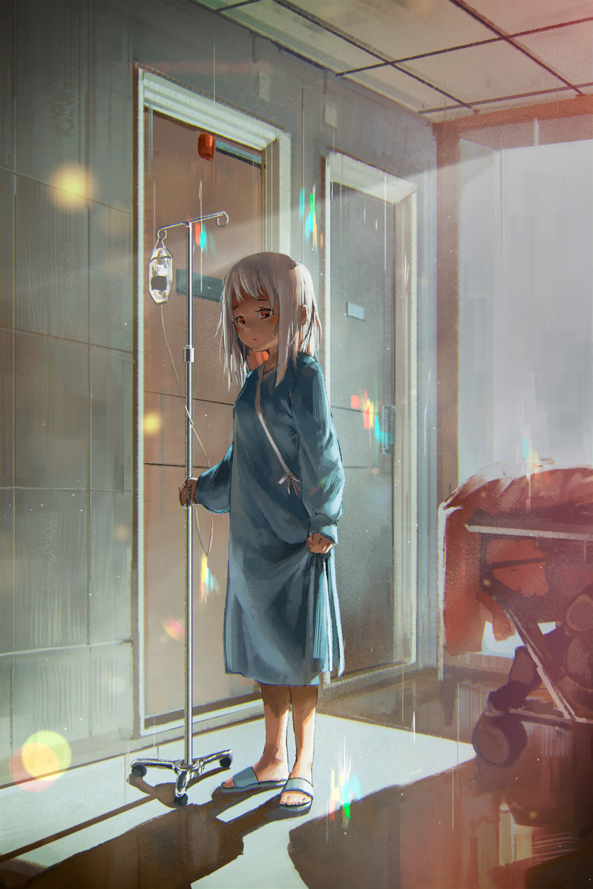 1girl backlighting barefoot_slippers bed door expressionless hallway highres hospital hospital_bed hospital_gown indoors intravenous_drip kokono_ka lens_flare light_particles long_hair original red_eyes slippers solo standing white_hair window