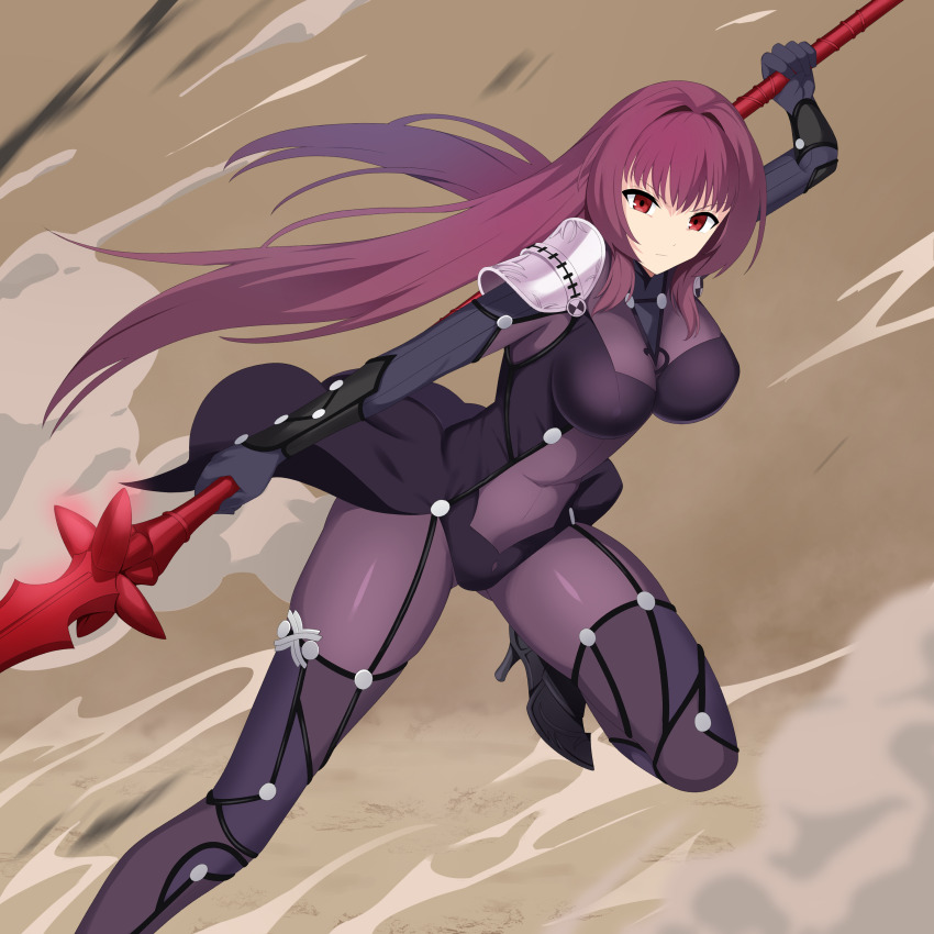 1girl absurdres amibanottoki armor black_gloves bodysuit breasts closed_mouth covered_erect_nipples expressionless fate/grand_order fate_(series) floating_hair foot_out_of_frame gloves high_heels highres holding holding_polearm holding_weapon large_breasts long_hair looking_at_viewer polearm purple_bodysuit purple_hair red_eyes scathach_(fate) shoulder_armor solo spear weapon weapon_behind_back