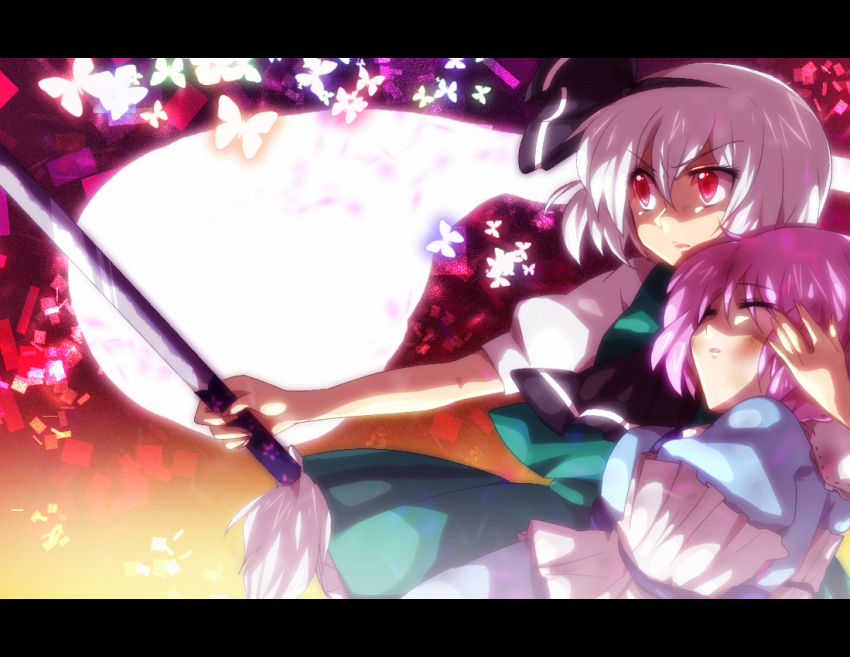 2girls bad_id bad_pixiv_id bug butterfly chou female_focus grey_hair hat headband insect katana konpaku_youmu konpaku_youmu_(ghost) letterboxed mk multiple_girls pink_hair red_eyes saigyouji_yuyuko sword touhou weapon