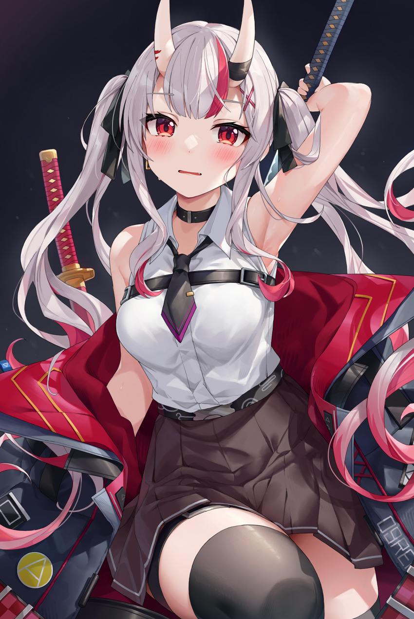 1girl absurdres armpits bare_shoulders black_choker black_necktie black_thighhighs blush breasts brown_skirt choker fang gradient_hair grey_hair hair_ornament hair_ribbon highres holding holding_sword holding_weapon hololive horns jacket kaguya_(srx61800) katana long_hair looking_at_viewer medium_breasts multicolored_hair nakiri_ayame nakiri_ayame_(streetwear) necktie official_alternate_costume oni open_mouth red_eyes red_hair ribbon shirt short_necktie skin-covered_horns skirt sleeveless sleeveless_shirt solo streaked_hair sword thighhighs thighs twintails virtual_youtuber weapon white_shirt x_hair_ornament