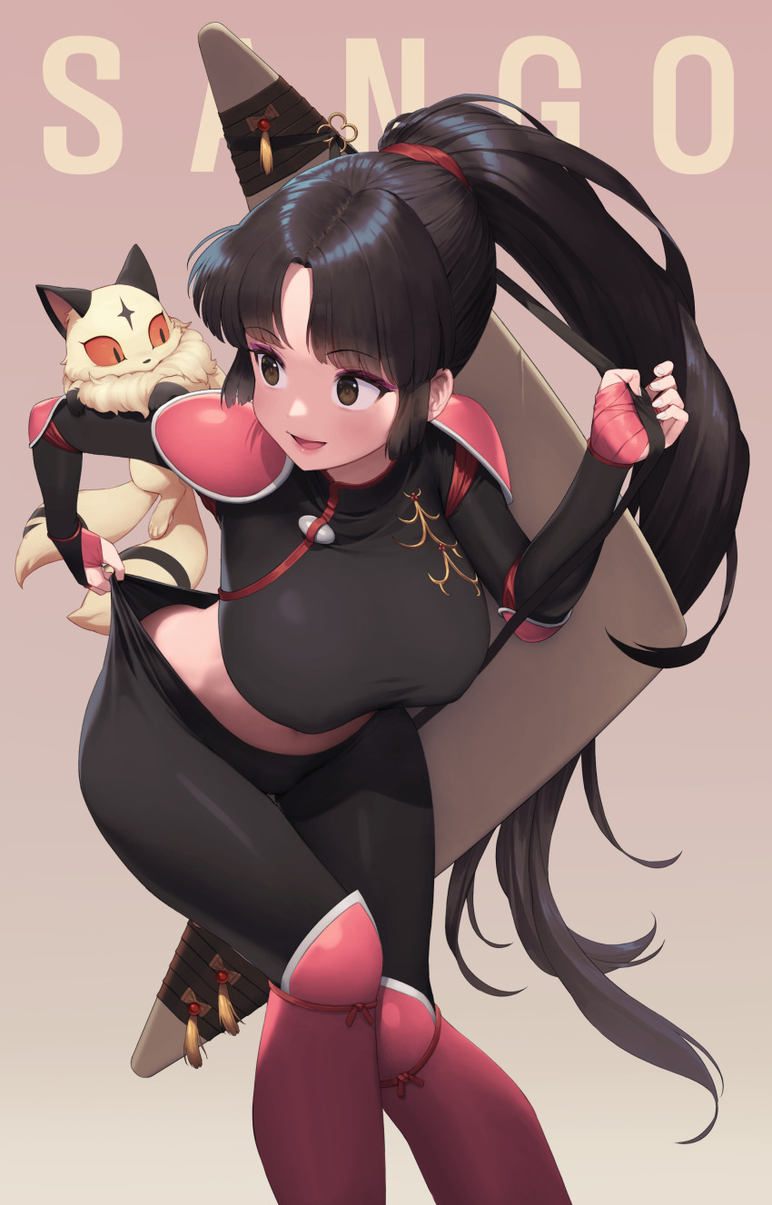 1girl absurdres animal ass black_bodysuit black_ears black_eyes black_hair bodysuit boomerang breasts brown_background clothes_pull elbow_pads english_text eyeshadow fur highres holding holding_weapon inuyasha kirara_(inuyasha) knee_pads large_breasts leaning_forward long_hair looking_back makeup midriff multiple_tails ninja pants pants_pull ponytail purple_eyeshadow reccu red_eyes sango_(inuyasha) shoulder_pads smile tail thigh_gap two_tails weapon yellow_fur