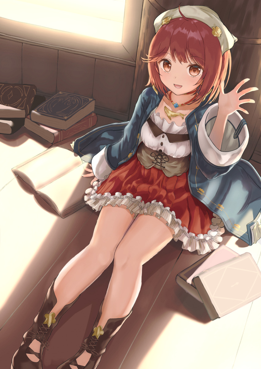 1girl absurdres atelier_(series) atelier_sophie atyao-299 book breasts brown_eyes coat frills hair_ornament highres jewelry long_sleeves looking_at_viewer medium_breasts necklace on_floor open_mouth red_hair short_hair skirt smile solo sophie_neuenmuller