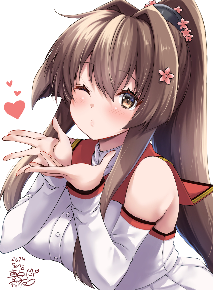 1girl absurdres blowing_kiss breasts brown_eyes brown_hair cherry_blossoms coat flower hair_between_eyes hair_flower hair_intakes hair_ornament highres kantai_collection large_breasts long_hair mashiro_yukiya ponytail sidelocks sleeveless sleeveless_coat solo upper_body very_long_hair white_coat yamato_(kancolle) yamato_kai_ni_(kancolle)