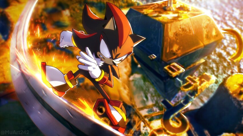 1boy animal_nose bracelet furry furry_male gloves highres jewelry male_focus muart242 shadow_the_hedgehog shoes solo sonic_(series) sonic_frontiers sparks white_gloves