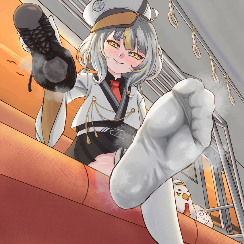 1girl absurdres blush boots crossed_legs feet grey_hair hat highres long_hair looking_at_viewer pov shoes shubing_xiansheng single_shoe smile soles steam thighhighs toes train_interior unworn_boots unworn_shoes white_thighhighs yellow_eyes