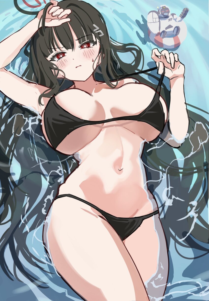 1girl bikini black_bikini black_hair black_halo blue_archive blush breasts ginichu1003 halo highres large_breasts long_hair lying navel red_eyes rio_(blue_archive) solo strap_pull sweatdrop swimsuit v-shaped_eyebrows water